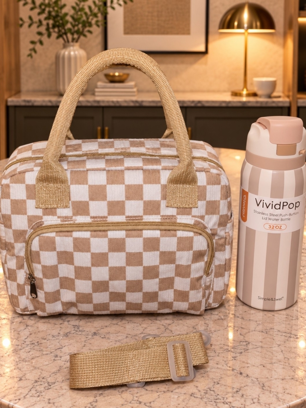 Brand New - Beige & White Checkerboard Lunch Tote w Matching 32 Oz Water Bottle